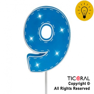 ADORNO PINCHE PARA TORTA LUMINOSO 3D NUMERO 9 CELESTE x 1